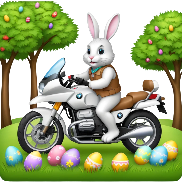 Easter bunny riding a BMW boxer motorcycle with trees and grass in the background and colorful Easter eggs hidden in the grass emoji