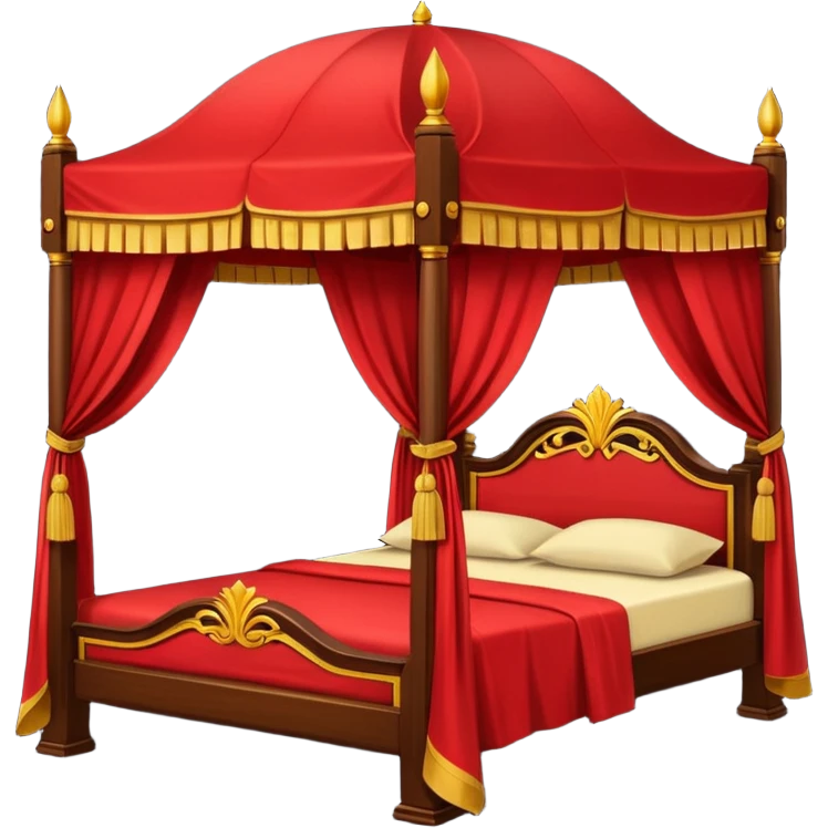 bed with red and gold sheets, wooden, canopy, simple, dark emoji