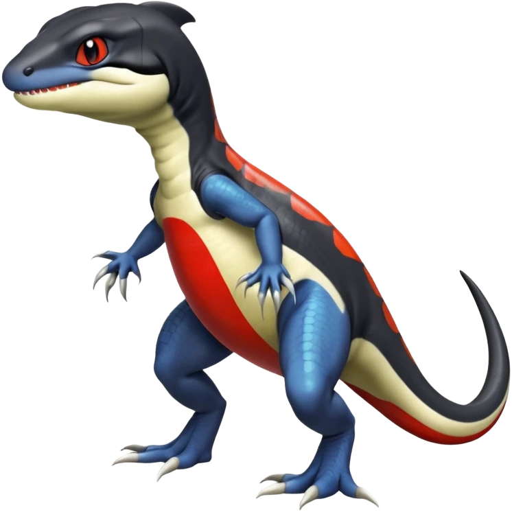 Black and white Orca-hybrid-reptile-reptilian-lizard-skink-gecko-Digimon-Fakémon-Pokémon-fusion-hybrid full body, two legs, two arms, claws, anthropomorphic, with red stripe emoji