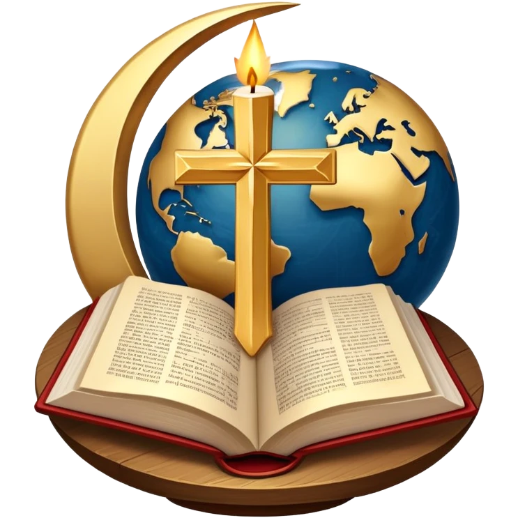 An icon featuring a holy book, a candle, and a cross, symbolizing religious studies. The design includes a globe with various religious symbols: a crescent moon and star (Islam), a lotus flower (Buddhism), representing global belief systems. Transparent background. emoji