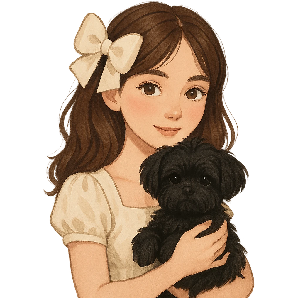 brown haired beautiful girl with a coquette hair accessory and a cute black Maltese dog emoji