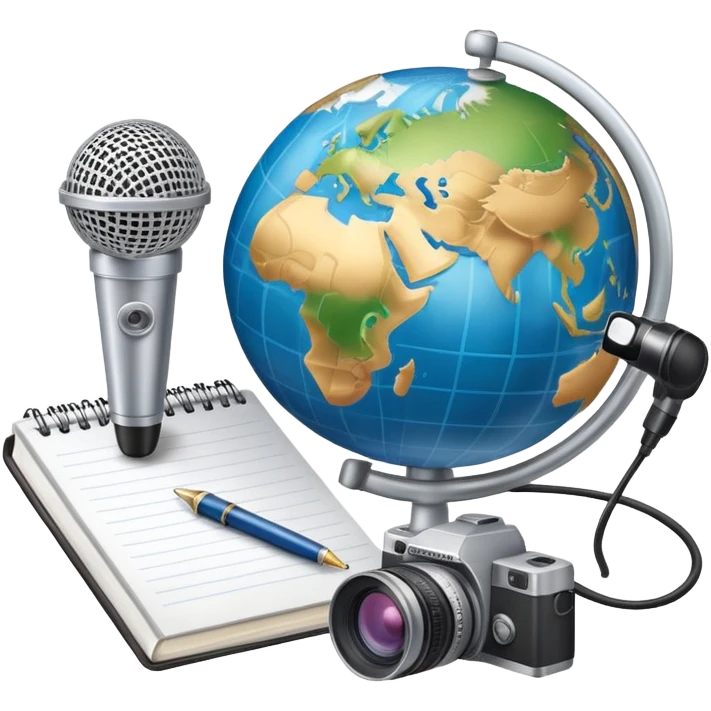 An icon showing a microphone, a notepad, and a camera, symbolizing journalism. The design includes a globe in the background, representing global news, and a breaking news banner for emphasis. Transparent background highlights the dynamic world of media and reporting. emoji