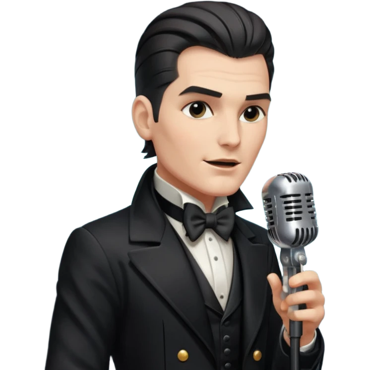 cinematic - aesthetic shiny glowing lighting - in details ultra HD portrait of musician Falco - wearing black tailcoat and sings on a retro antique microphone emoji