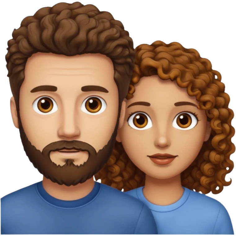 Casal - Homem branco de cabelo liso e olhos marrom, com barba e mulher de pele branca cabelo cacheado marrom e olhos mel emoji