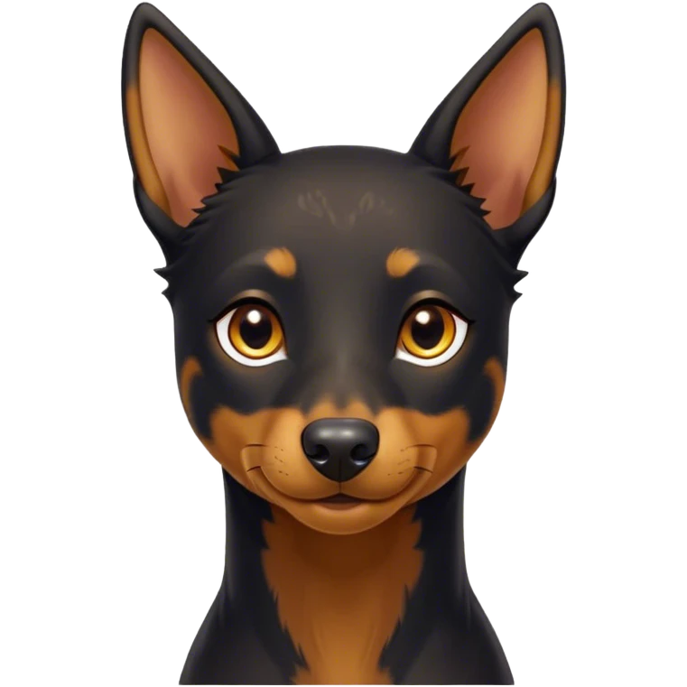 Cinematic Cute Black and Tan Kelpie Portrait Emoji, Head tilted playfully and inquisitively, featuring a sleek black Fur with vibrant tan markings, round, sparkling dark eyes filled with curiosity, Simplified yet irresistibly adorable features, highly detailed, glowing with a warm, friendly glow, high shine, affectionate and spirited, stylized with a touch of whimsy, bright and endearing, soft glowing outline, capturing the essence of a mischievous yet loving herder, so playful it feels like it could leap out of the screen and into your arms! emoji