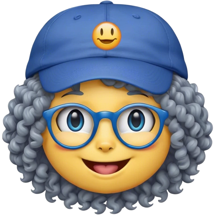 yellow female smiley face emoji, big smile, winking, wearing a backwards blue ball cap, grey curly hair, cat eye glasses, no eye colo emoji