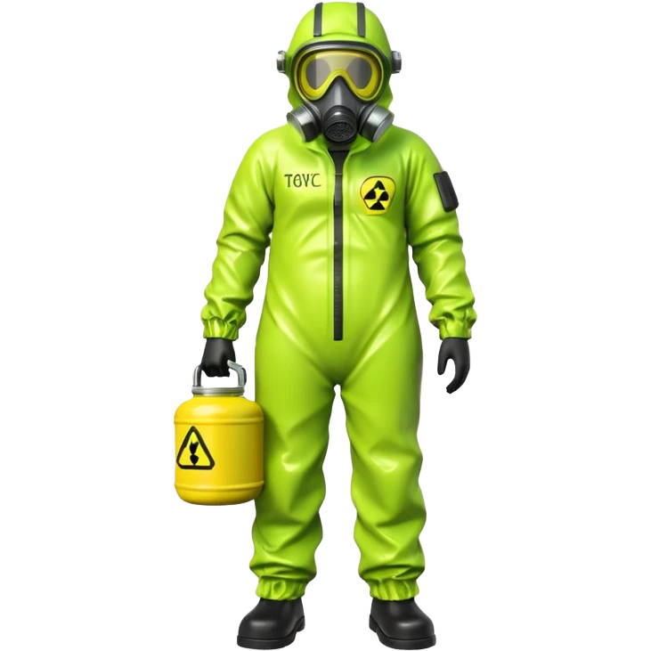 3D render of Hazmat Suit, toxic waste aesthetic, neon green bubbling liquid, caution yellow metal, industrial warning texture. emoji