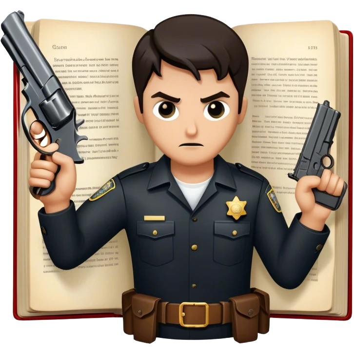 Icon for Action & Crime Reading: an open book with dramatic action scenes, surrounded by a gun, handcuffs, a badge, and a shadowy figure. The icon should evoke suspense, danger, and intrigue of crime and action stories. Transparent background. emoji