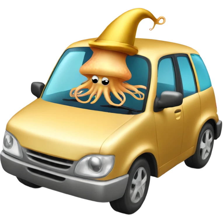 A squid wearing a gold hat while driving car emoji