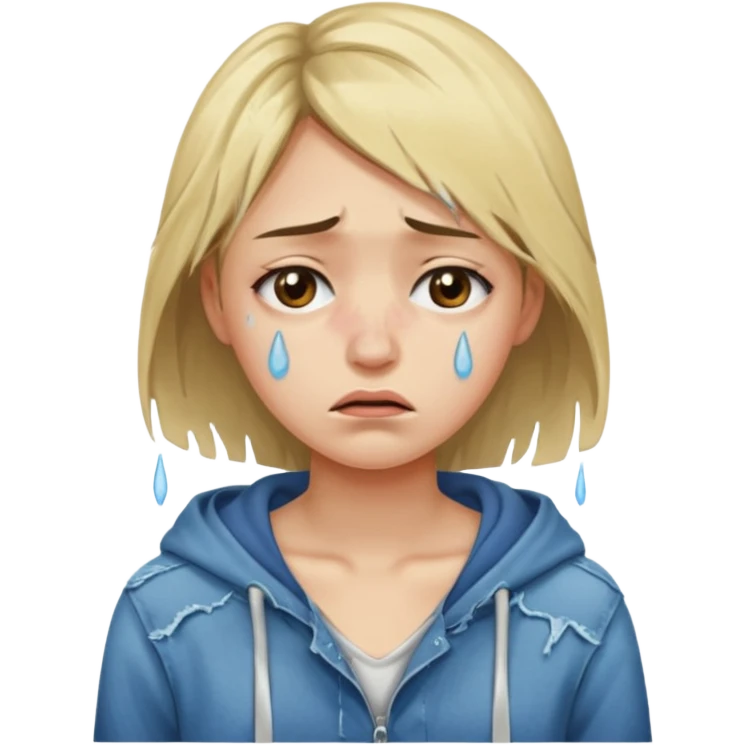 Mulher jovem chorando muito com as roupas rasgadas emoji