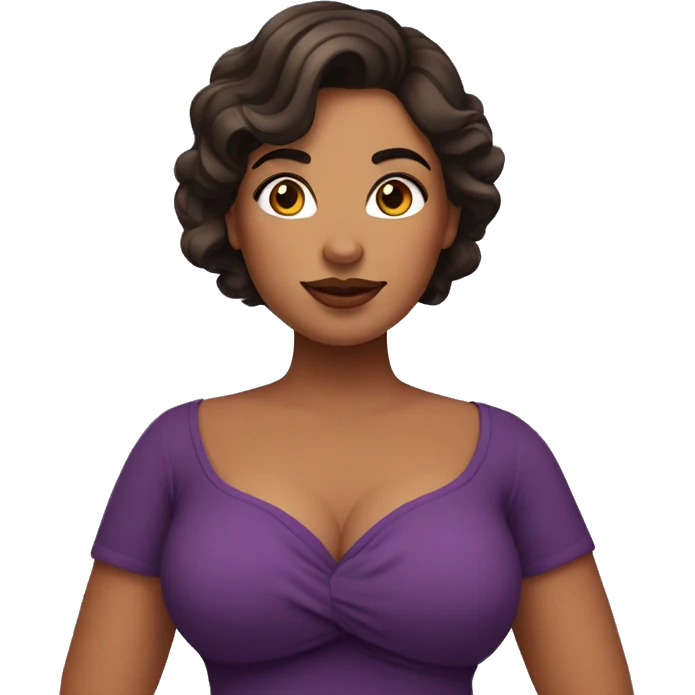 curvy woman holding chest, star sticker on her cheek, dark brown hair, purple dress emoji