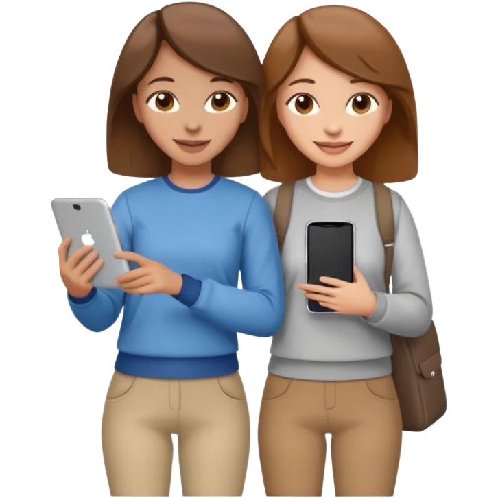 two brown haired girls, looking professional maybe leaned on each others back and looking forward and using phones, with longer hair and with some cute clothes without ties, one girl can hold lap top another one can hold the phone emoji