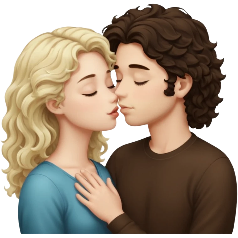 Tall White Italian boy with dark brown wavy fluffy hair and blonde wavy hair girl that's pale with wavy hair kissing with eyes closed  emoji