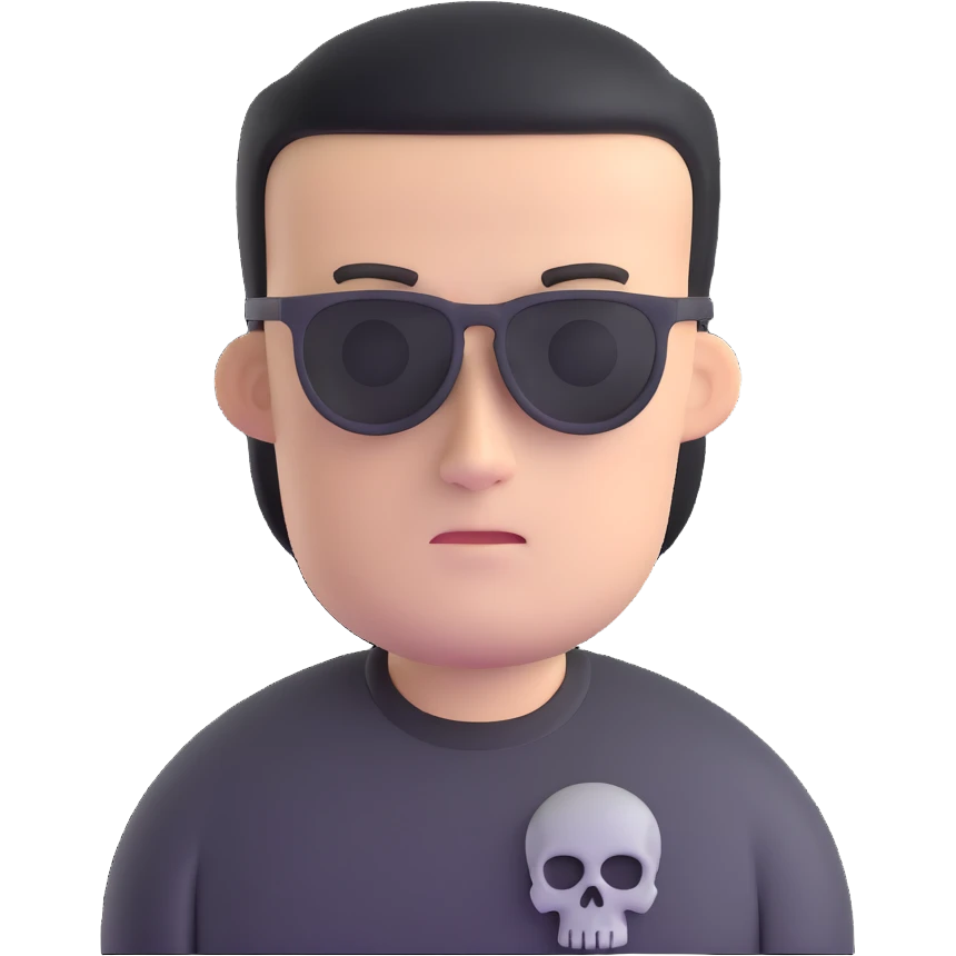 man with oval-shaped flat-top head wearing a black shirt with a gray skull on the front emoji