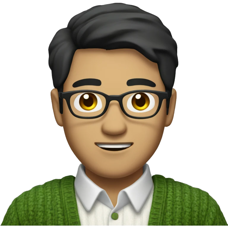 Asian guy with black hair that is parted 50/50 dressed in white button up shirt with green sweater holding a glass of wine emoji