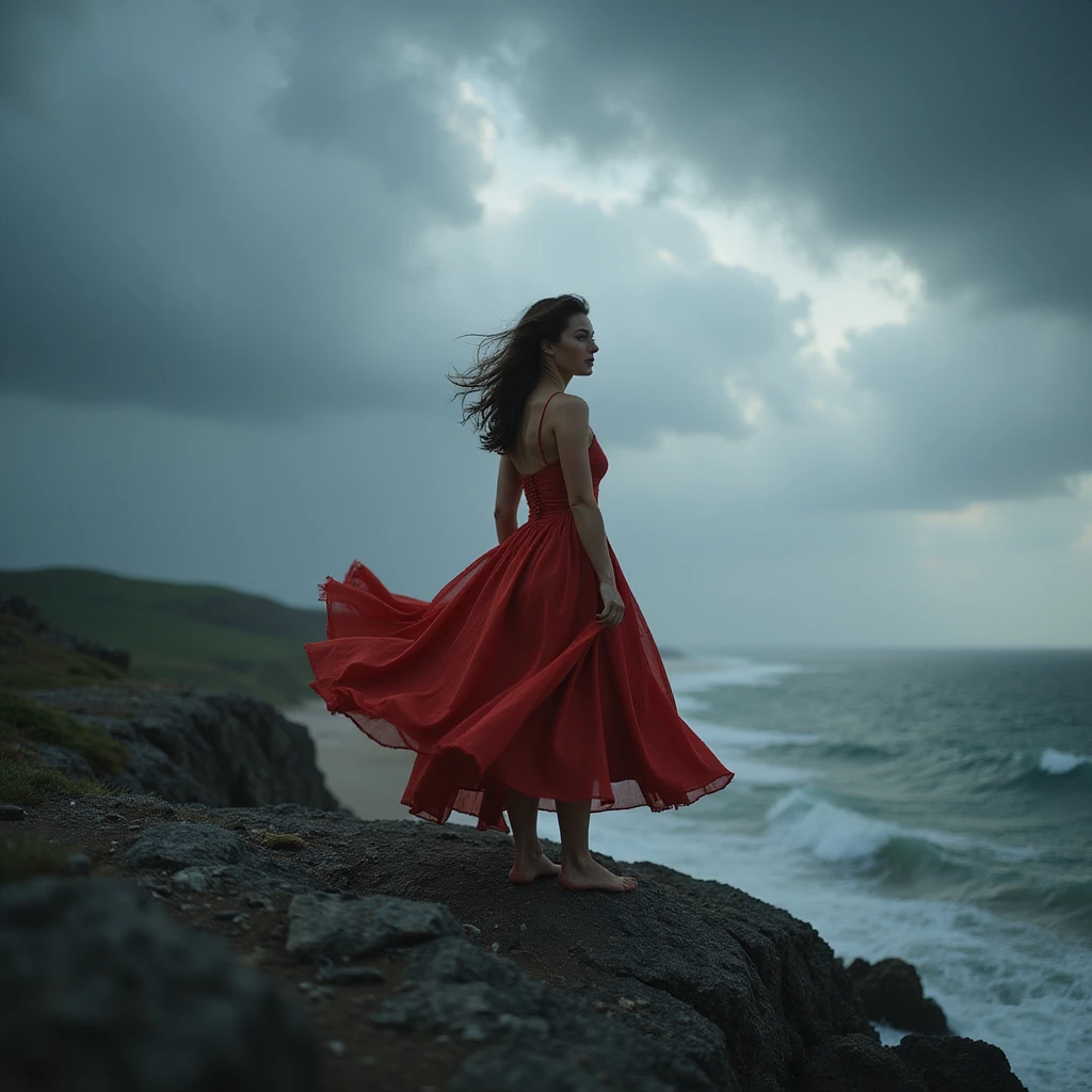 photorealistic image of a woman in a vibrant red dress standing boldly on a rocky cliff edge under a stormy sky, dress flowing dramatically in the wind, high contrast lighting, epic cinematic mood emoji
