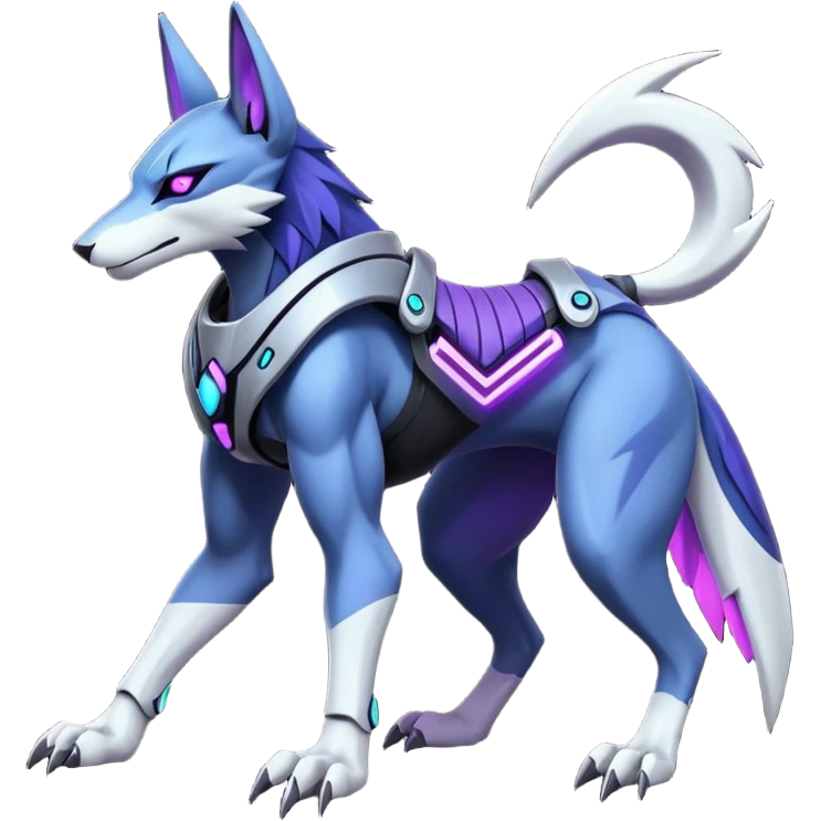 Silver black onyx and indigo and purple and violet cyberpunk intricate neon glowing grey white futuristic cyborg-Anubis-Zeraora-Zoroark-fusion (full body) emoji