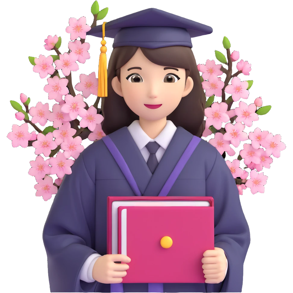 Japanese female high school graduate in school uniform with cherry blossoms and diploma emoji