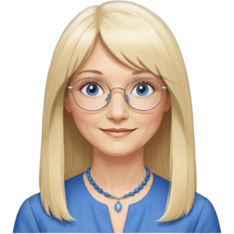 50 yr old white woman, hippie parted very long hair, short bangs, very long straight blond hair, oval face, small smile, blue eyes, thin face, hair downback, hair parted at center of head, round cheeks, pale, longer hair, business dress, long hair, big square glasses, long hair emoji