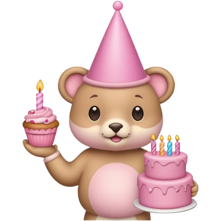 cute animal hold a pink birthday cake in both arms with pink birthday hat emoji