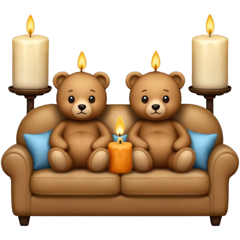 Two cozy teddy bears watching tv on couch with candles next to them emoji