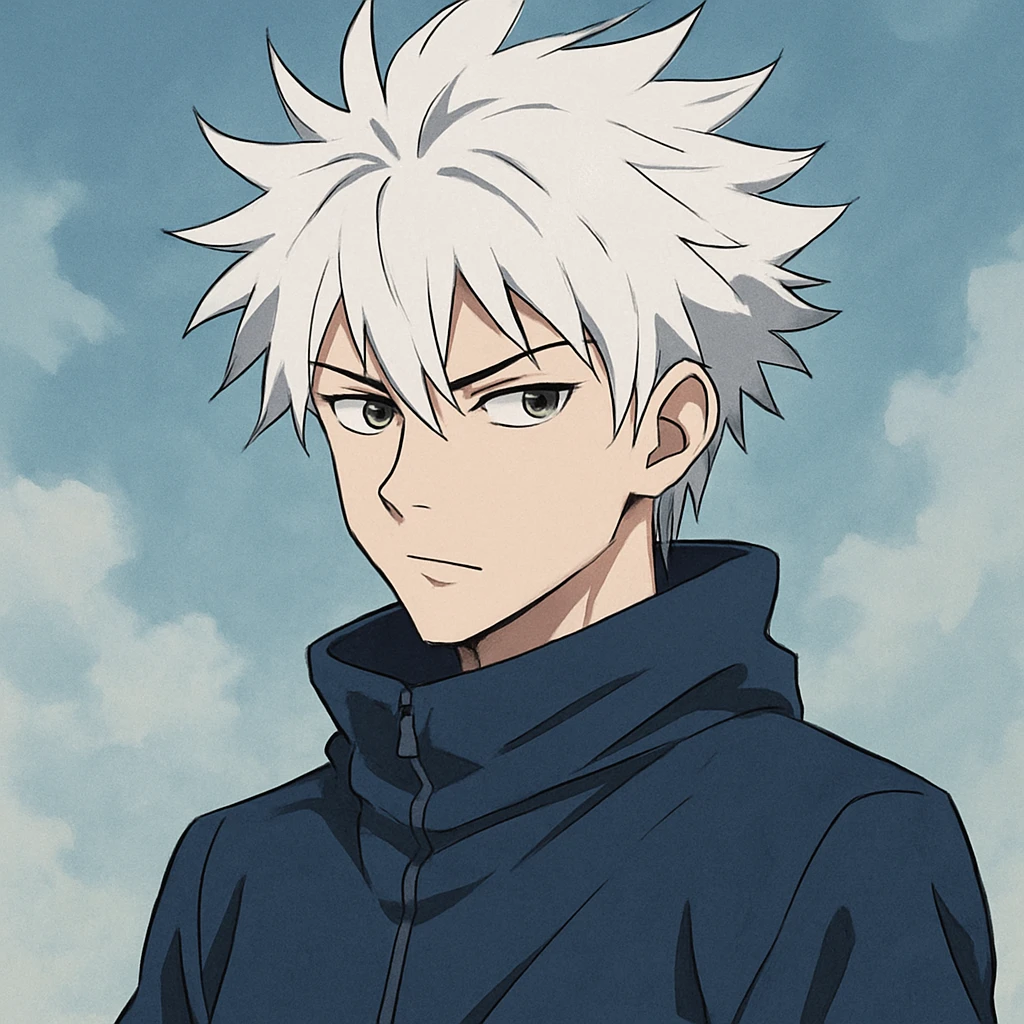 anime style young man with spiky white hair, cool expression emoji