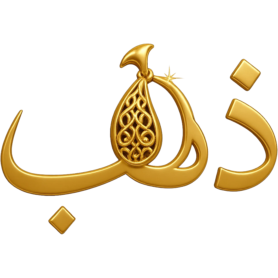 Change the shape of the letter 'ه' in the word 'ذهب' to be more creative and resemble a luxurious golden jewelry piece, maintaining a modern style with shiny golden colors, no background. emoji