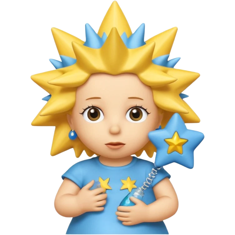 A 3D cartoon close-up of Maggie Simpson, baby from The Simpsons, rendered in Memoji-style with smooth yellow skin, spiky star-shaped hair, blue pacifier, and simple shading. Bright studio lighting, cinematic close-up framing consistent with Bart, Marge, Homer, and Lisa. emoji
