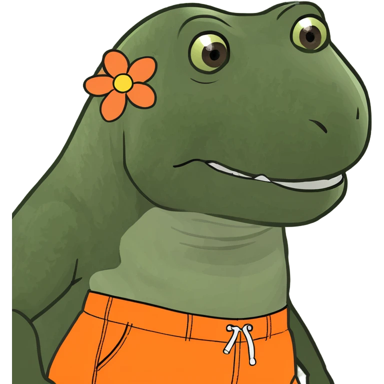 T-rex with orange flowery swim trunks riding a surfboard  emoji