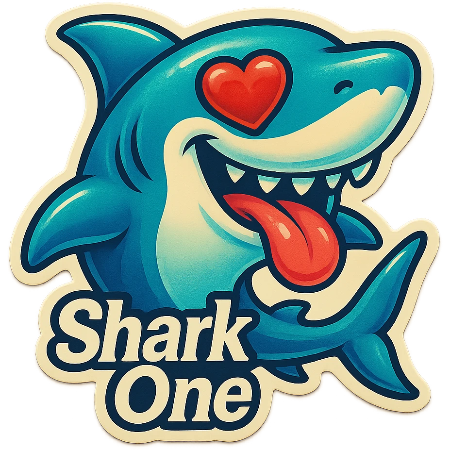 tongue out heart shaped eye add the words “ Shark One " in White emoji