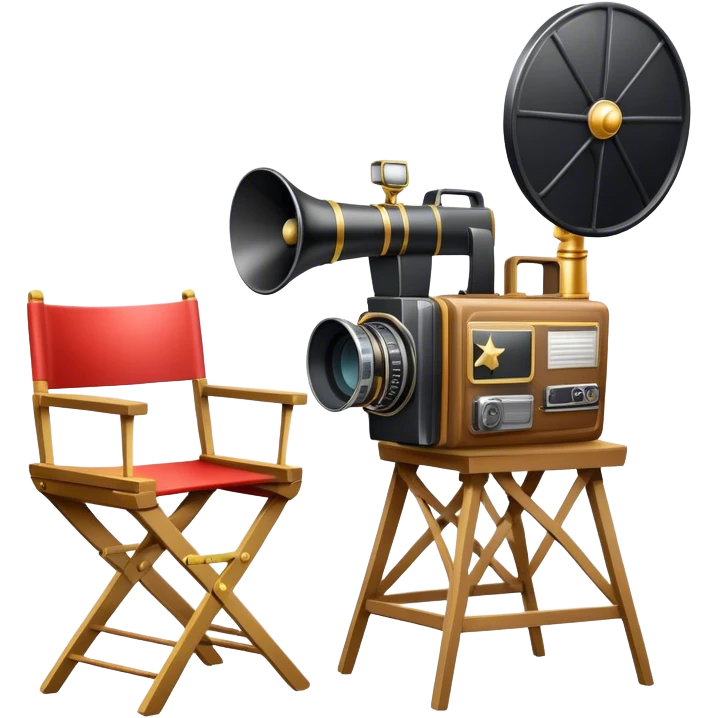 Icon for Directing: a director's chair, a large film camera, a megaphone, a stage set with lights and an Oscar statuette. The icon should represent the creative and leadership aspects of directing, with focus on film and theater production. Transparent background. emoji