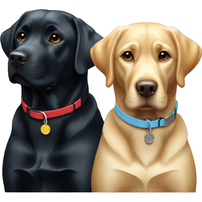 black-coloured labrador on the left with red collar, black-coloured labrador on the right with light blue collar. emoji
