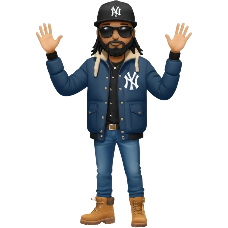 African American man with shoulder length black dreadlocks with black beard wearing black sunglasses wearing a New York Yankees logo baseball cap wearing a black bubble winter coat wearing denim skinny jeans and Timberland boots hand giving a high five emoji