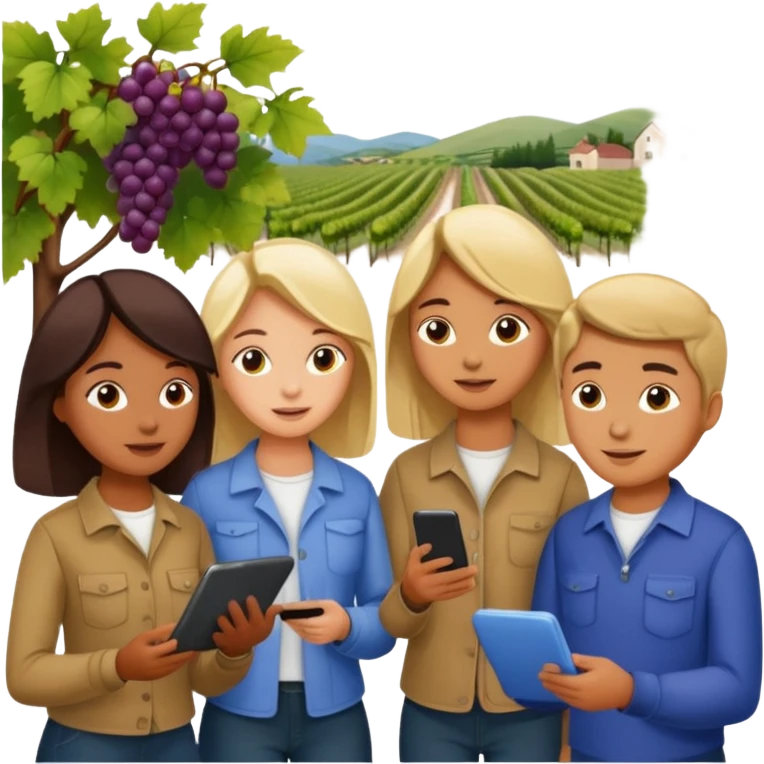 Make a photo of 5 project managers, specificly 3 girls and 2 boys, that are making project for improvment of the vineyard emoji