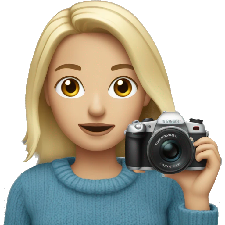 Short blonde in blue sweater holding camera emoji