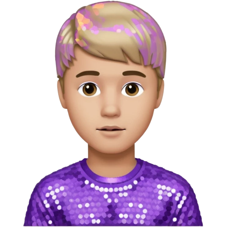 Justin Bieber with dark blonde hair, lilac sequin outfit emoji