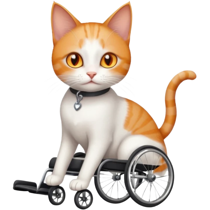 full body small short hair ginger and white cat with orange eyes walking in a wheelchair for cats emoji