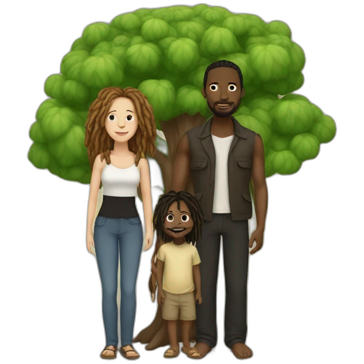 Family of trees white woman browns black man with dreadlocks and a baby emoji