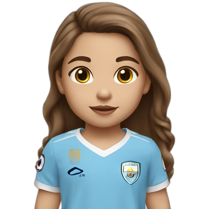 2 year old girl with long brown hair and eyes wearing Manchester City football shirt emoji