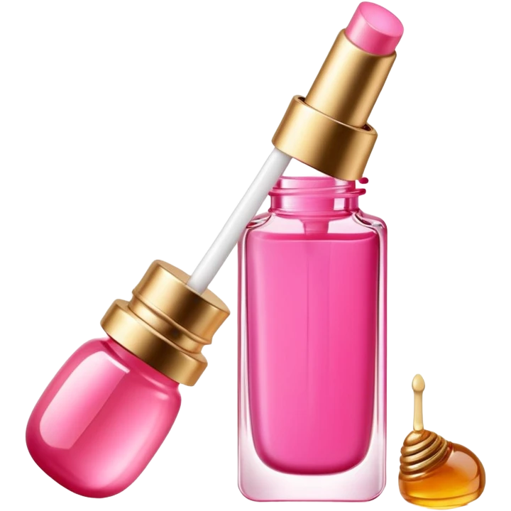 Gisou lip oil in pink color, small transparent bottle with gold cap, pink-tinted lip gloss, honey-infused beauty product emoji