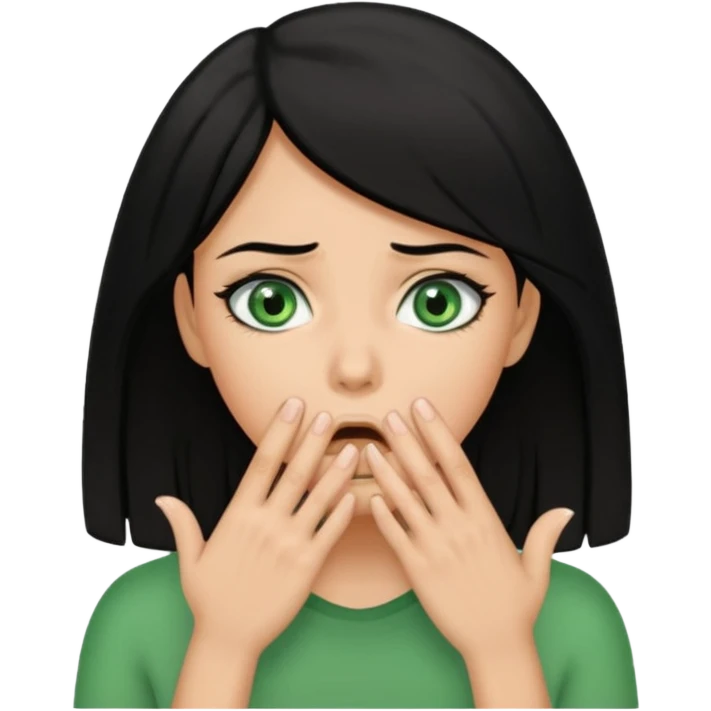 A realistic half-length portrait of a frightened woman with hands to her mouth, black hair and green eyes emoji