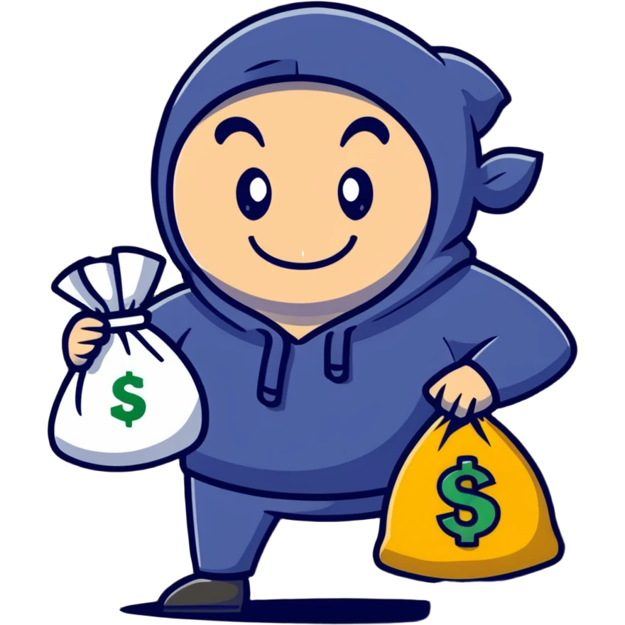 happy thief with a money bag and a big grin emoji