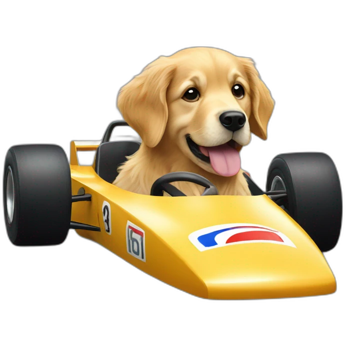 Golden retriever driving a F1 car emoji