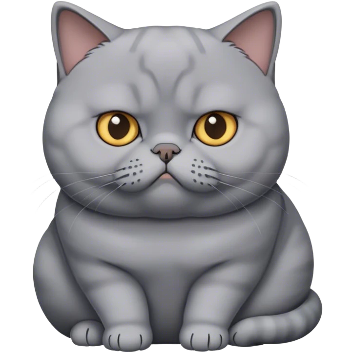 A chubby, gray British Shorthair cat with a serious, uninterested expression, sitting still, cartoon style, transparent background emoji