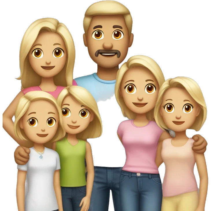a 4 family member  with a mom and dad and two children girls, daughters two blondes 14 years old and 10 years old, mom about 32 years old and also blonde with a bob, and dad has brown hair about 40 years old emoji