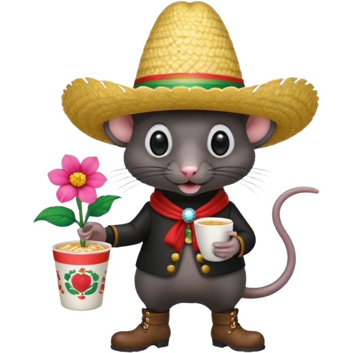 Rat eating a cup noodle in one hand and a flower in the other with boots on for rain and that has one eye that looks like a disco ball as well with a Mexican hat one with a big nose and the rat has to be black  emoji