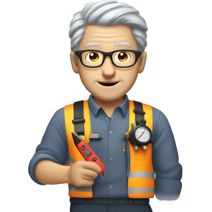 this man grey hair with less hair and glasses and dressed like an electrician with multimeter emoji