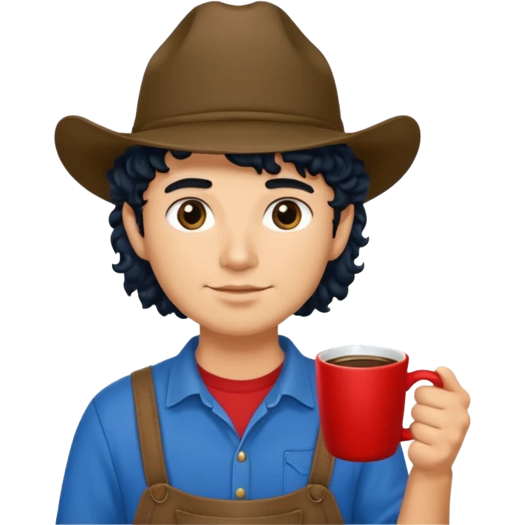 Ranch hand with blue hat and coffee mug, curly black hair, red shirrt emoji