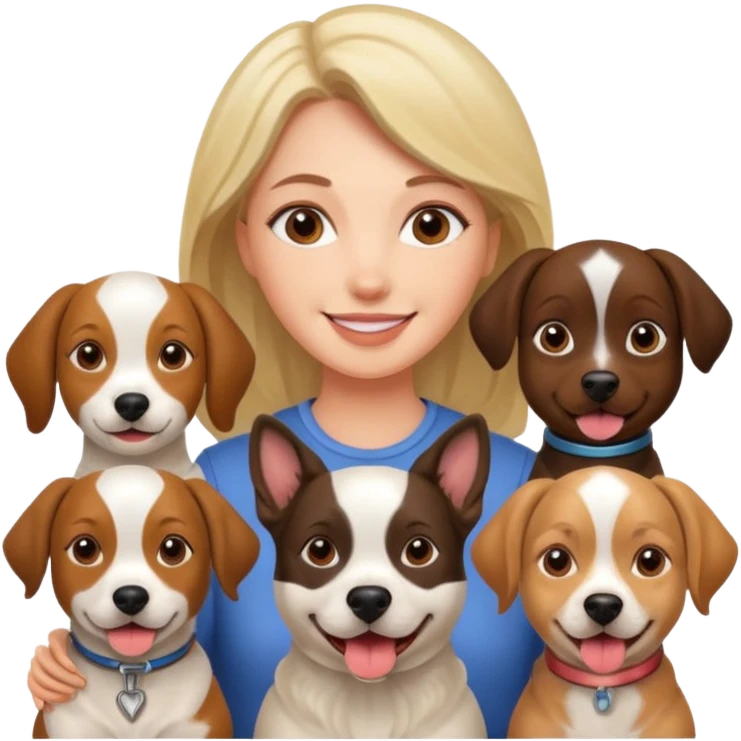 woman surrounded by 4 dogs emoji