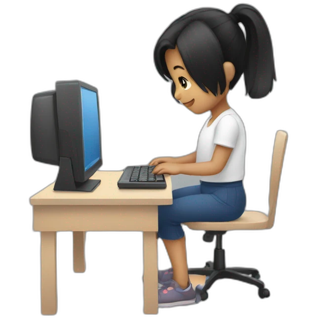 small girl with black hair working on computer emoji